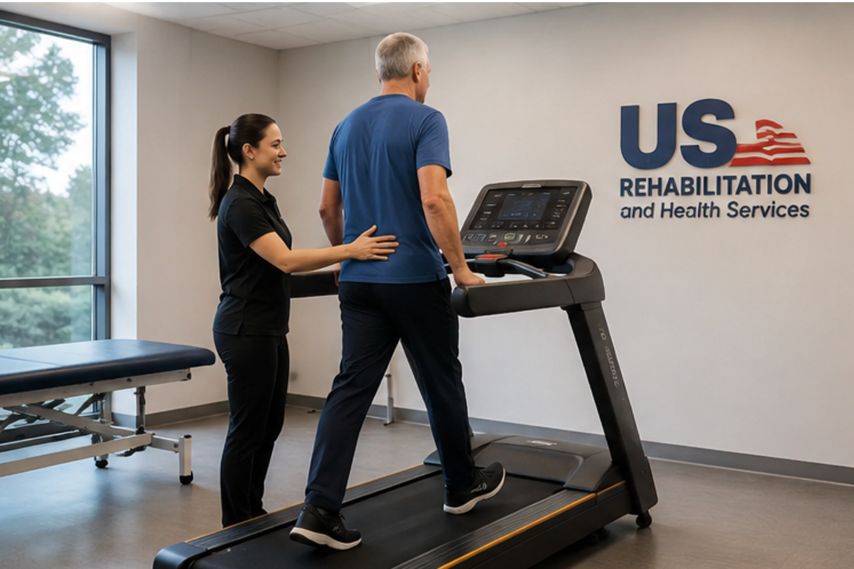 Patient participating in treadmill training during physical therapy