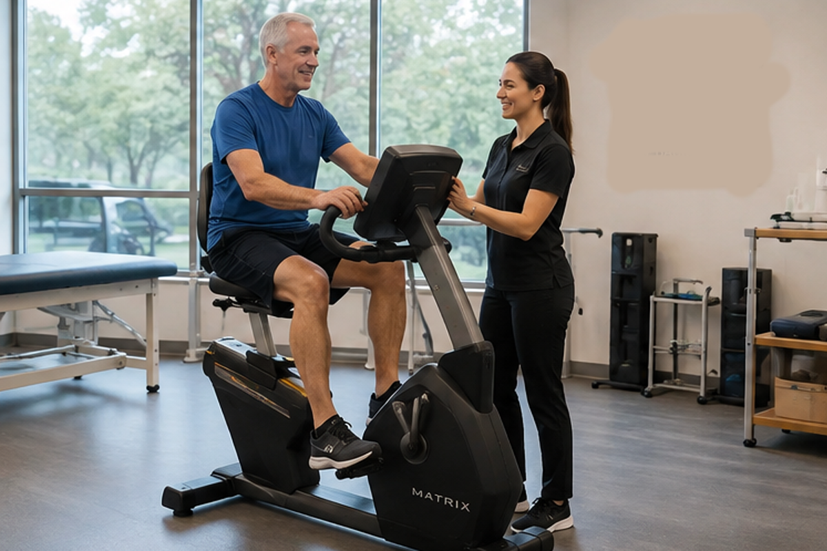 Patient using a stationary exercise bike during rehabilitation