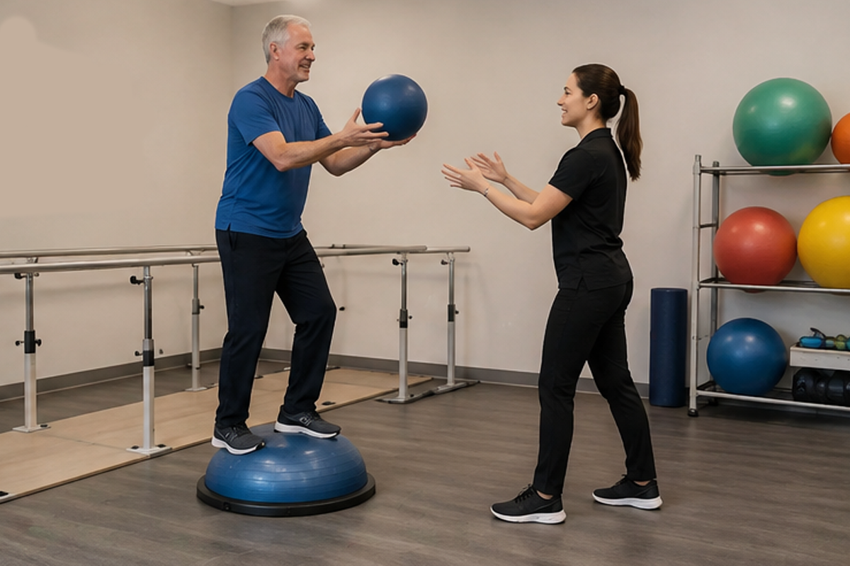 Patient performing balance training with a physical therapist